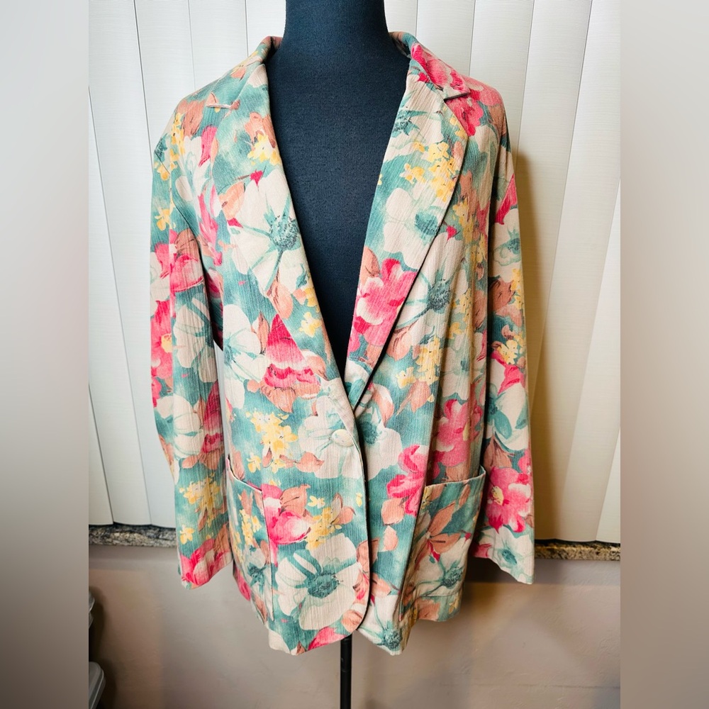 Vintage Claude Floral Women's Pastel Colors Oversized Blazer Jacket Size Medium